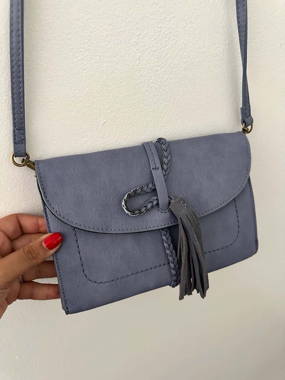 Free People Braided Tassel Leather Crossbody Bag Blue